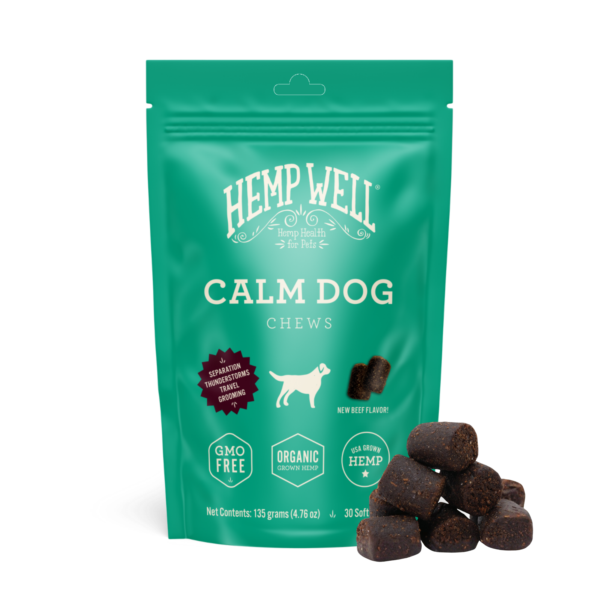 Calm Dog Soft Chews package and chews
